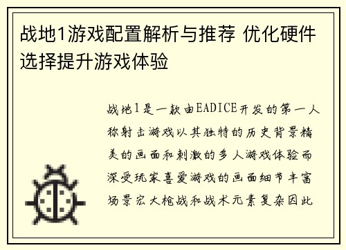 战地1游戏配置解析与推荐 优化硬件选择提升游戏体验